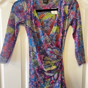 Black Saks Fifth Ave Purple & Blue 3/4 Sleeve Ruched Sheer Blouse S